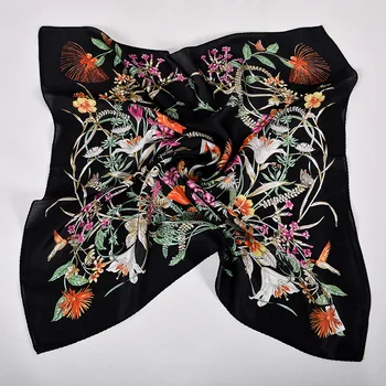 BYSIFA|czarny Nowy jedwabny szalik moda damska elegancki kwiatowy wzór, czysty jedwab kwadratowe chusty Bufandas 70*70 cm szalik hidżab